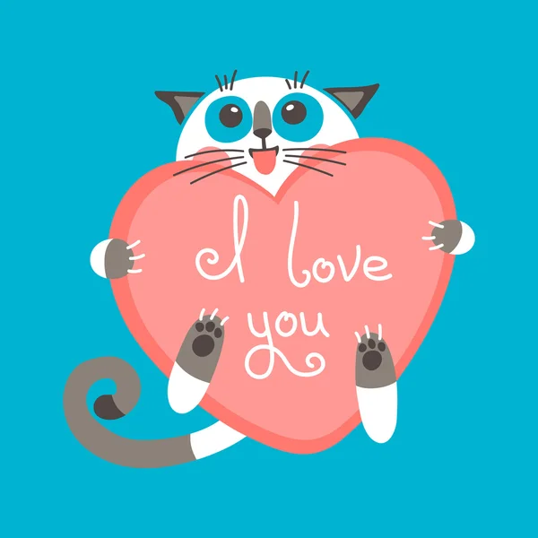 Lindo gato de jengibre de dibujos animados con corazón y declaración de amor . — Vector de stock