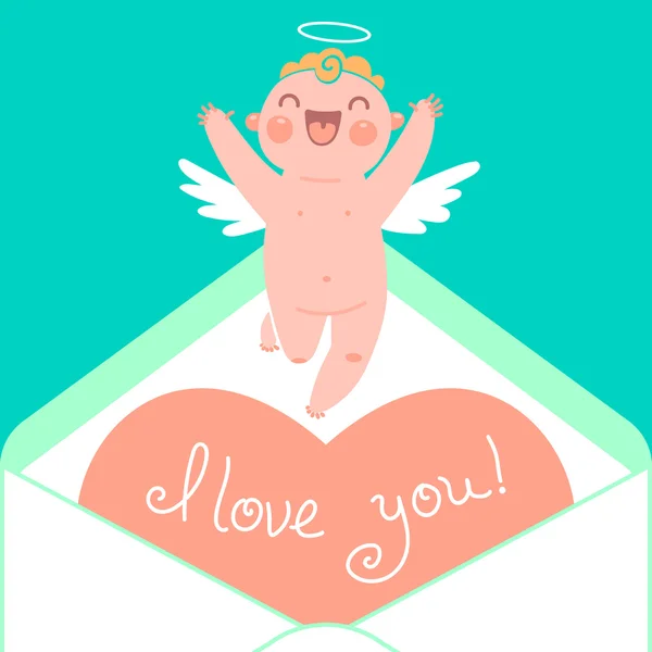 Tarjeta de San Valentín con lindos Cupidos y corazones . — Vector de stock