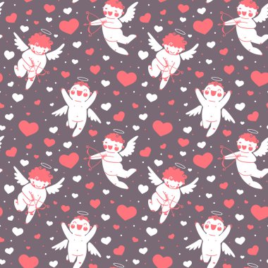 Sevgililer günü romantik seamless modeli şirin aşk tanrısı ve kalpleri ile.