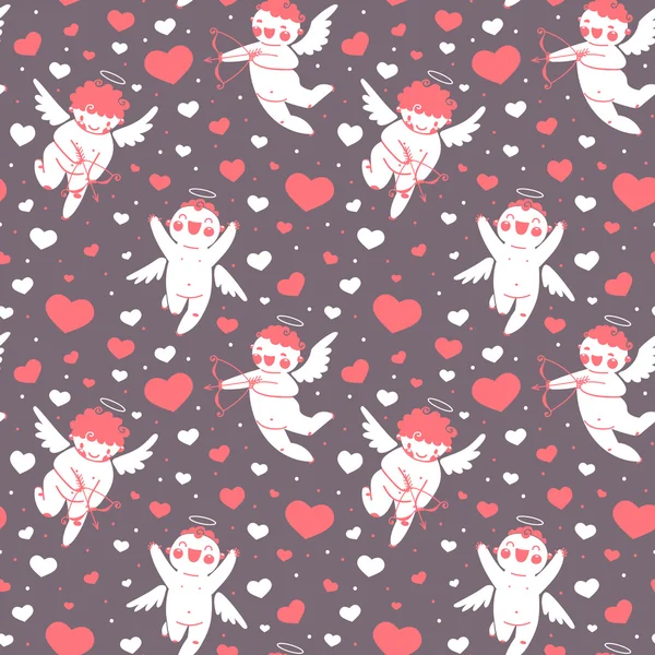 Valentines Day romantic seamless pattern with cute cupid and hearts. — Stock Vector