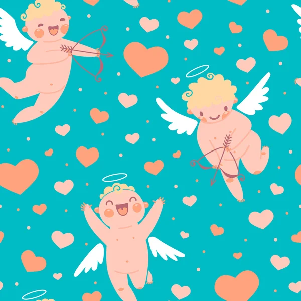 Valentines Day romantic seamless pattern with cute cupid and hearts. — Stock Vector