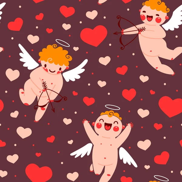 Saint-Valentin romantique motif sans couture avec Cupidon mignon et les cœurs . — Image vectorielle