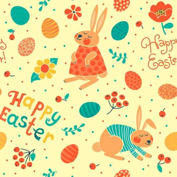 Joyeux motif sans couture de Pâques avec des lapins et des œufs mignons . — Image vectorielle
