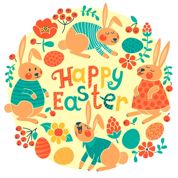 Happy Easter card with cute bunnies and colored eggs. — Stock Vector