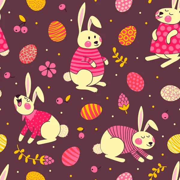 Happy Easter seamless pattern with cute bunnies and eggs. — Stock Vector