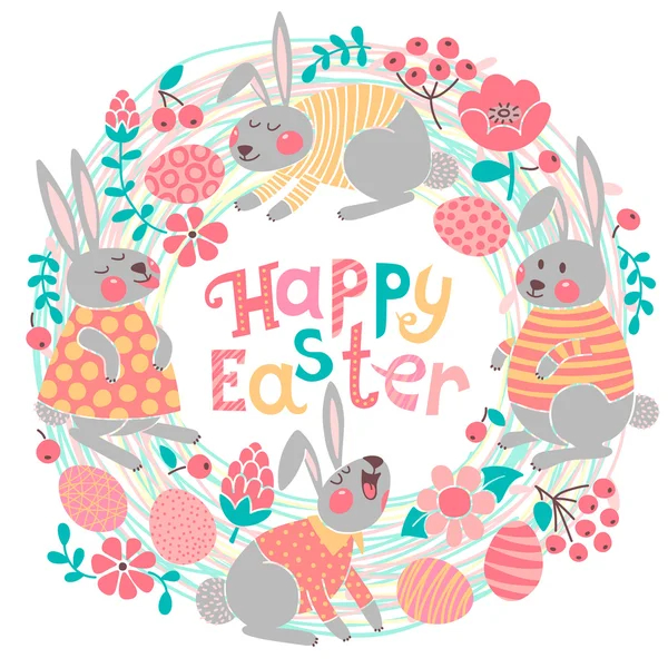 Fröhliche Osterkarte mit niedlichen Hasen und bunten Eiern. — Stockvektor