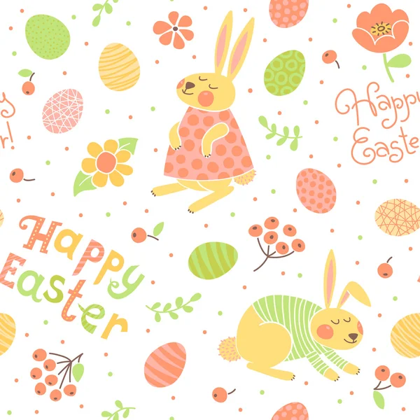 Happy Easter seamless pattern with cute bunnies and eggs. — Stock Vector