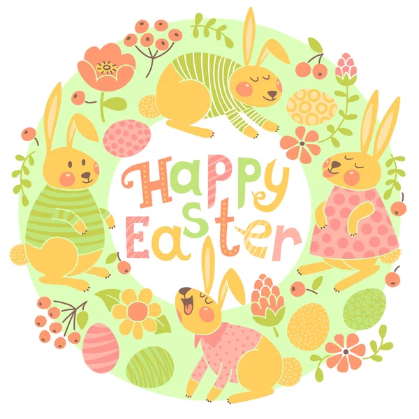 Happy Easter card with cute bunnies and colored eggs. — Stock Vector