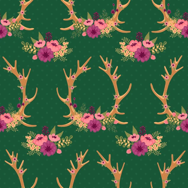 Vintage seamless pattern with deer antlers and flowers. — Stock Vector