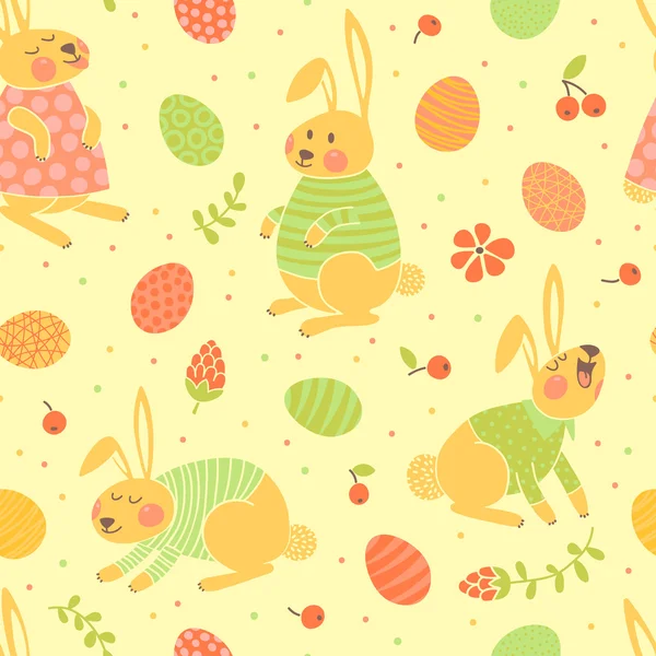 Glad påsk seamless mönster med söta kaniner och ägg. — Stock vektor