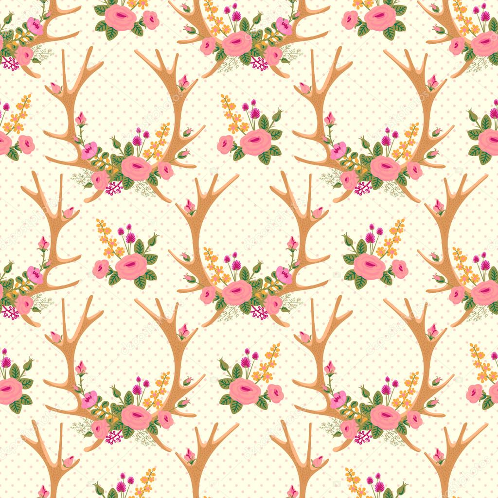 Vintage seamless pattern with deer antlers and flowers.