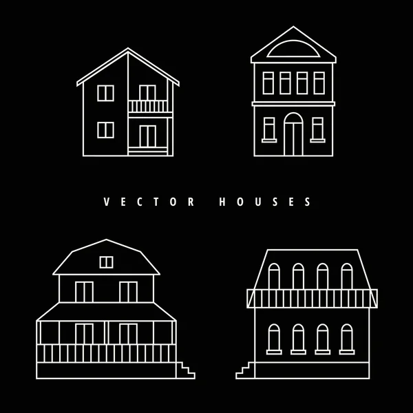 Houses Set drawn white outline on a black background. — Stock Vector