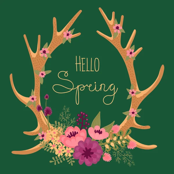 Vintage card with deer antlers and flowers. — Stock Vector