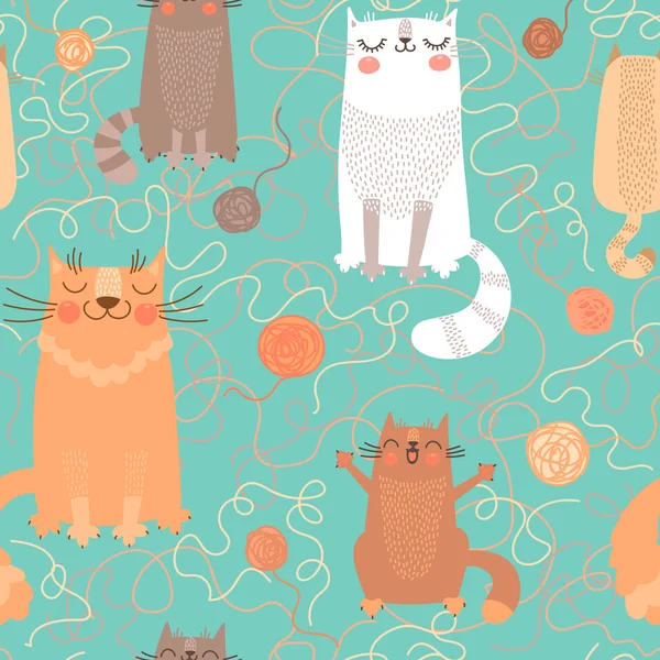 Seamless mönster med söta katter och bollar av garn. — Stock vektor