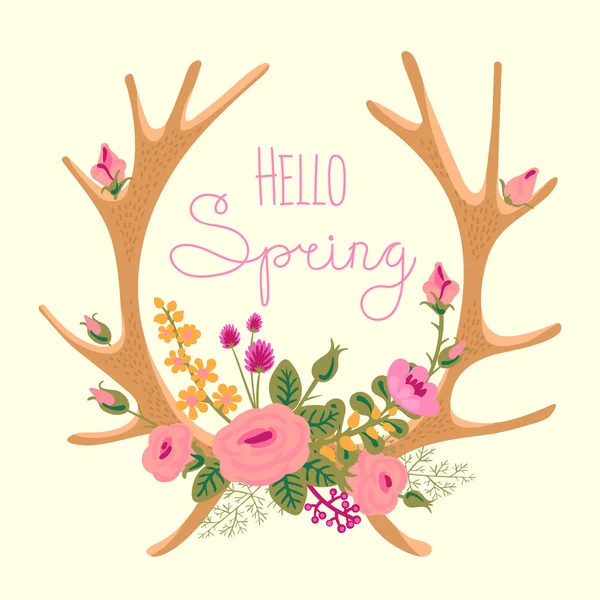 Vintage card with deer antlers and flowers. — Stock Vector