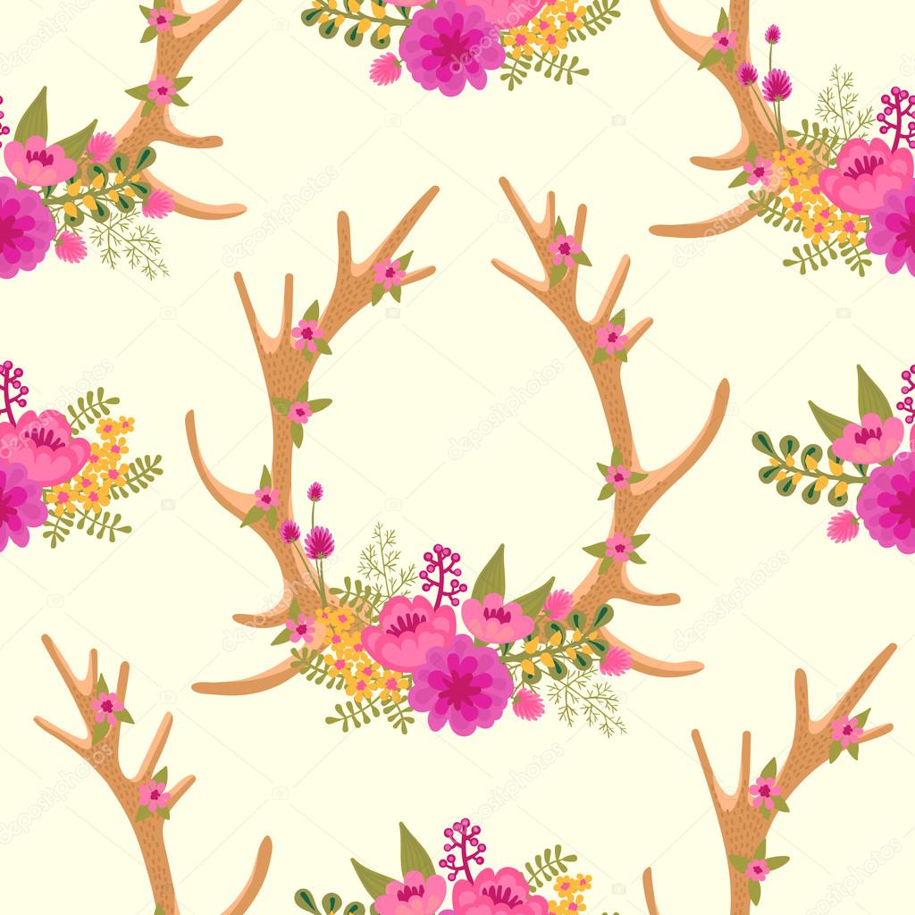 Vintage seamless pattern with deer antlers and flowers.