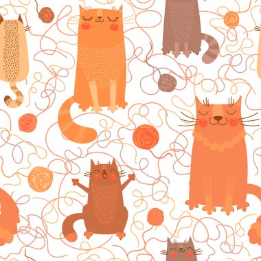 Sevimli kediler ve iplik topları ile Seamless Modeli.