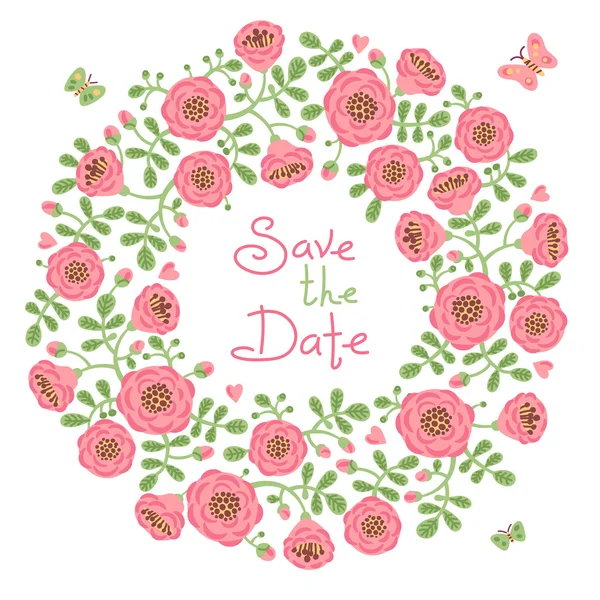 Save The Date Invitation with Floral Wreath — Stock Vector