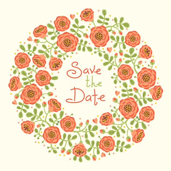 Save The Date Invitation with Floral Wreath — Stock Vector