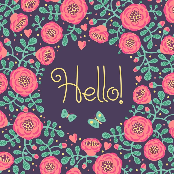 Vector floral card with frame from flowers, leaves and text Hello. — Stock Vector