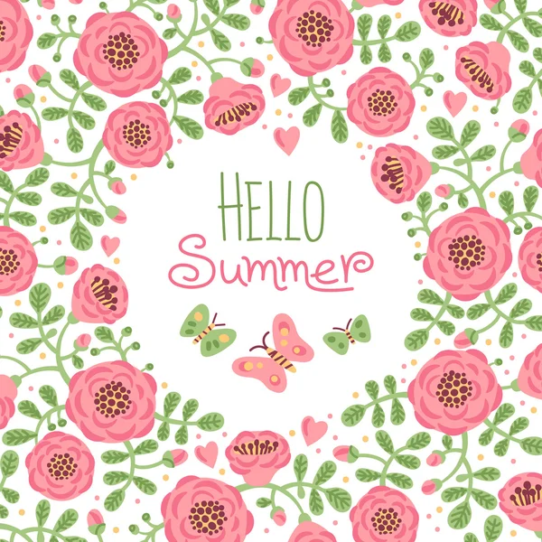 Tarjeta de temporada Hola verano con flores lindas y mariposas — Vector de stock