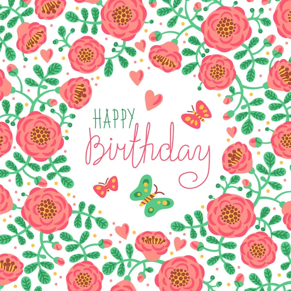 Vintage card Happy Birthday with cute flowers and butterflies. — Stock Vector