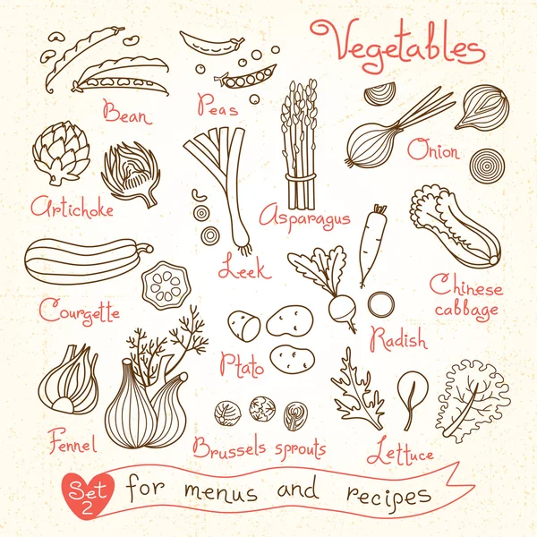Набор рисунков овощей для дизайнерских меню, рецептов и упаковки — стоковый вектор