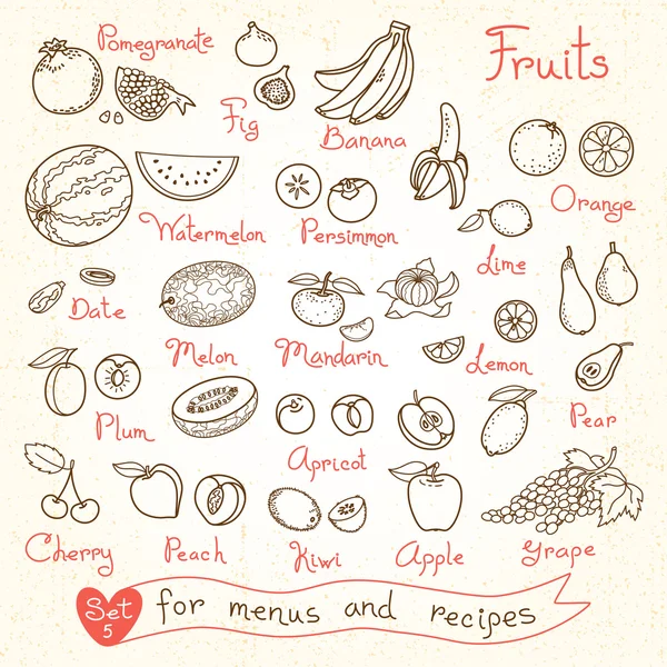 Instellen van tekeningen van fruit voor de menu's, recepten en pakketten product ontwerp. — Stockvector