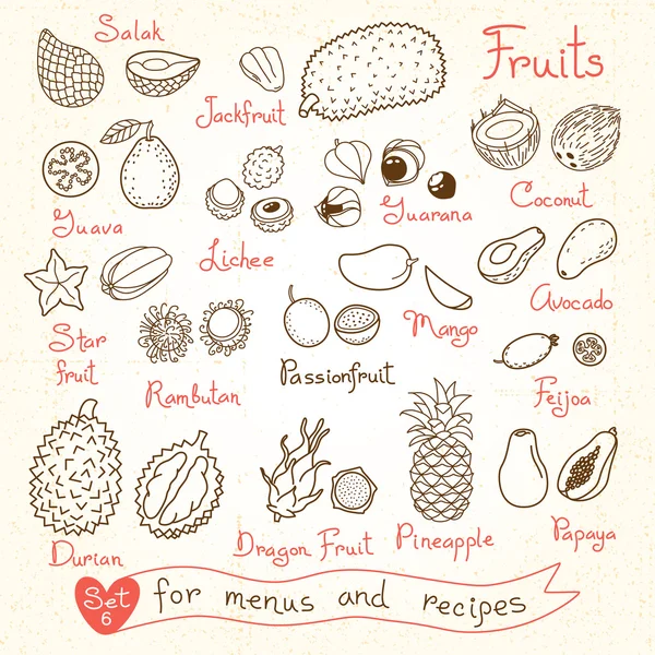 Conjunto de dibujos de frutas para menús de diseño, recetas y envases producto . — Vector de stock