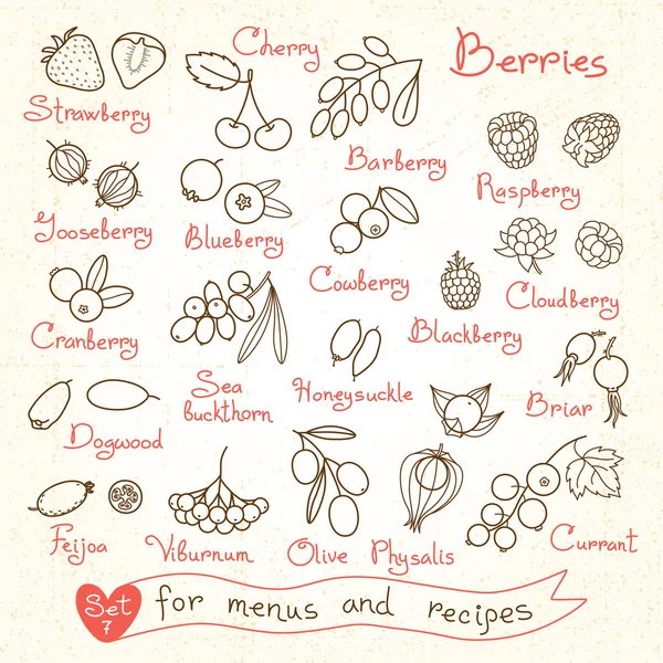 Conjunto de desenhos de bagas para menus de design, receitas e pacotes de produtos . — Vetor de Stock