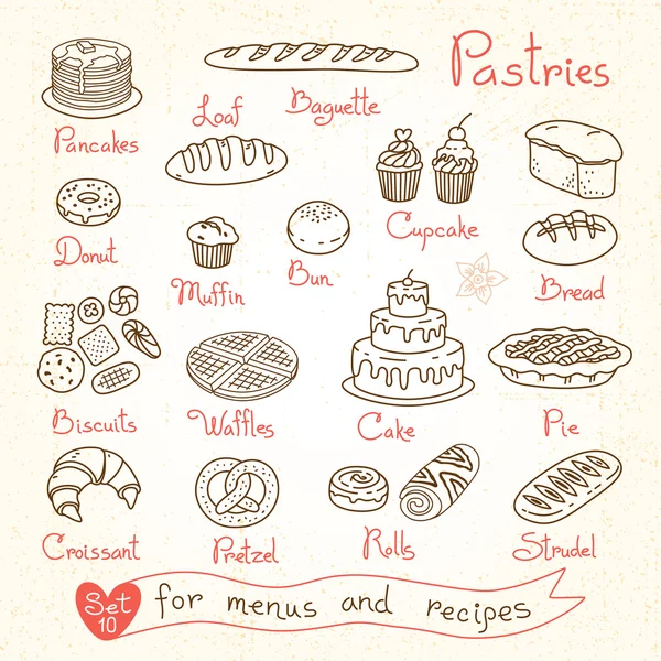 Conjunto de dibujos de pasteles y pan para menús de diseño, recetas — Vector de stock