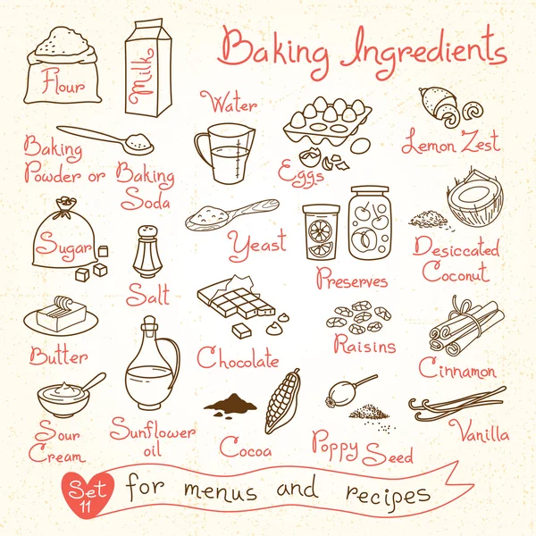 Definir desenhos de ingredientes de cozimento para menus de design, receitas . —  Vetores de Stock