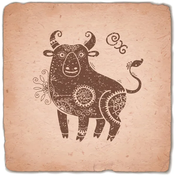 Ox. Zodiaco cinese segno oroscopo Vintage Card . — Vettoriale Stock