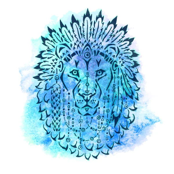 Lion in oorlog bonnet, hand getrokken dierlijke illustratie — Stockvector