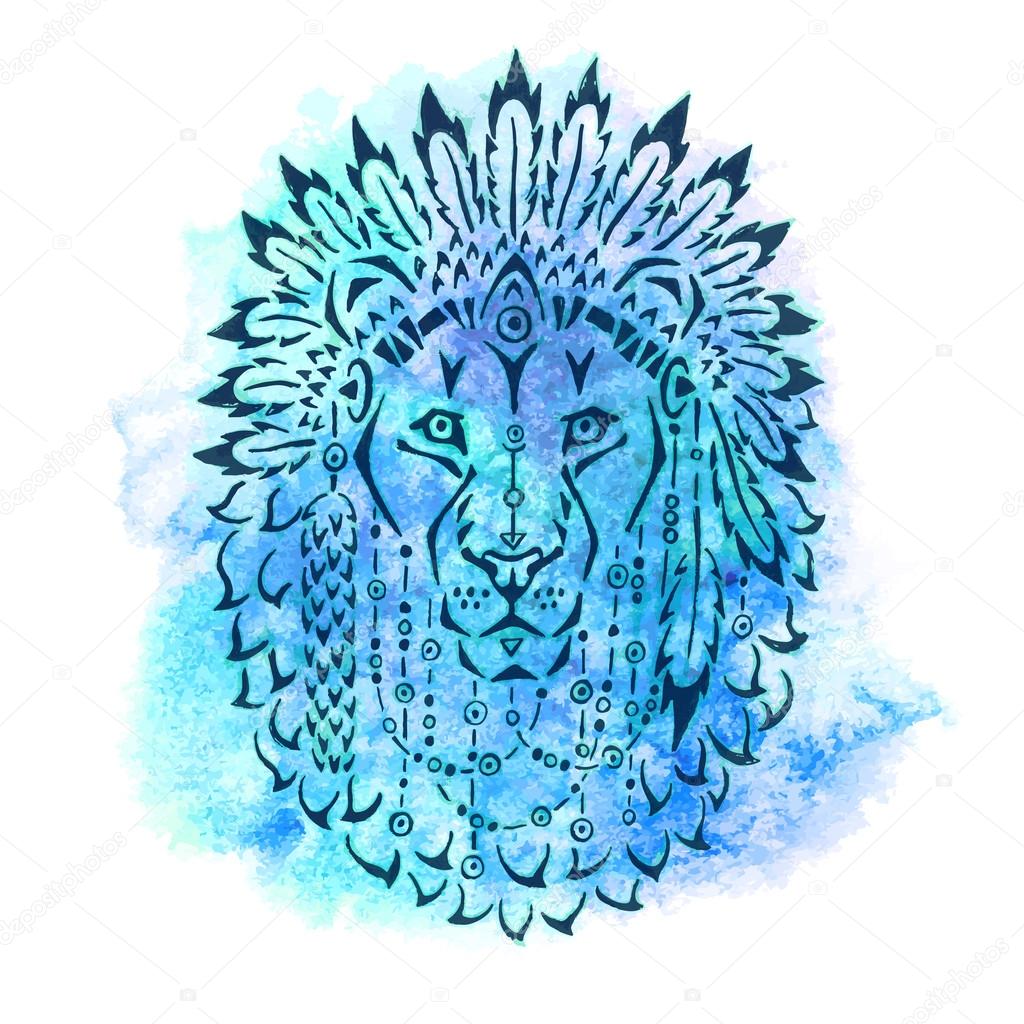 Lion in war bonnet, hand drawn animal illustration