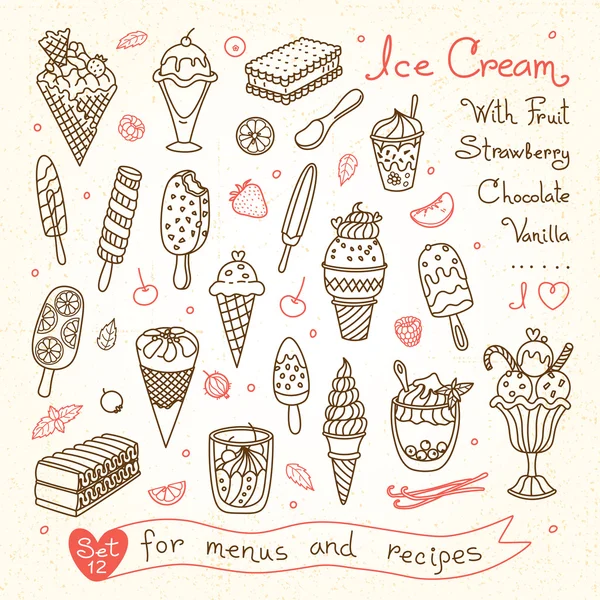 Набор чертежей мороженого для дизайнерских меню, рецептов и упаковки . — стоковый вектор