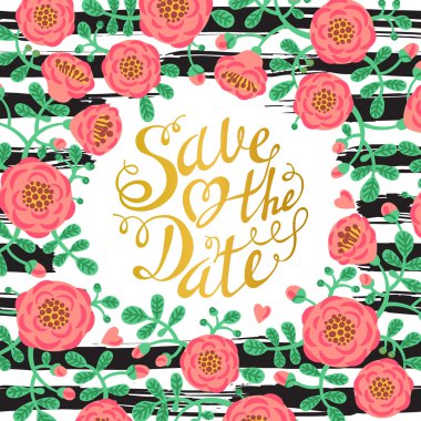 Düğün davetiye çiçek ve kaligrafi harfleri ile. Tarihi tasarım kaydedin. Çizilmiş vektör çizim el