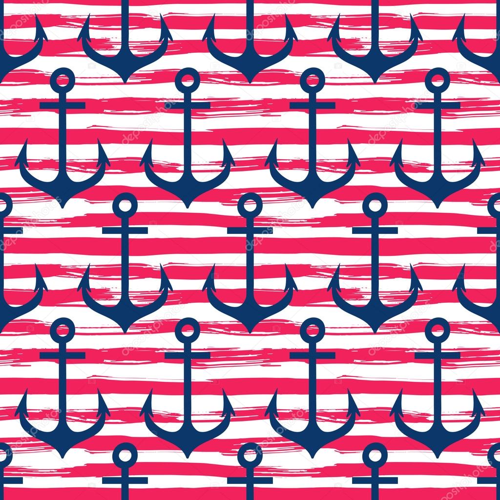 Hand drawn seamless pattern. Anchors on striped background