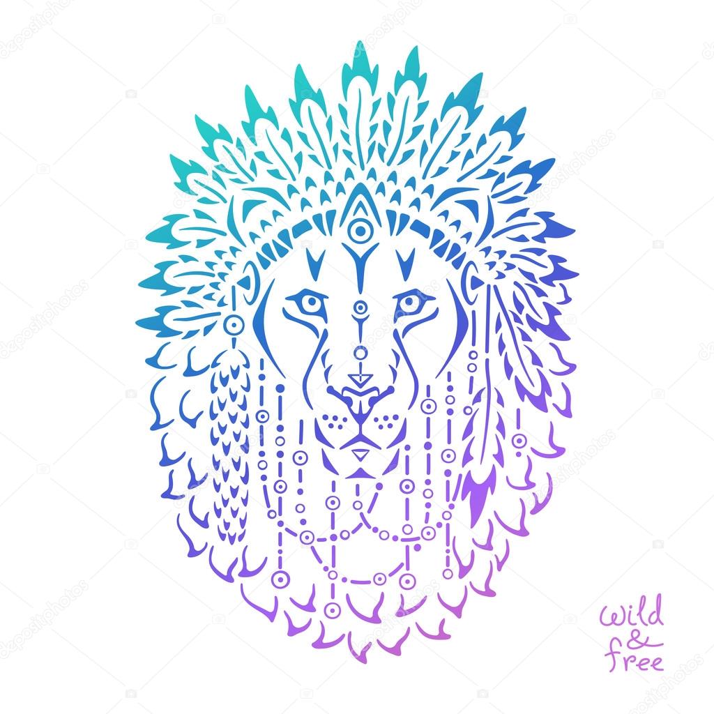 Lion in war bonnet, hand drawn animal illustration, native american poster, t-shirt design