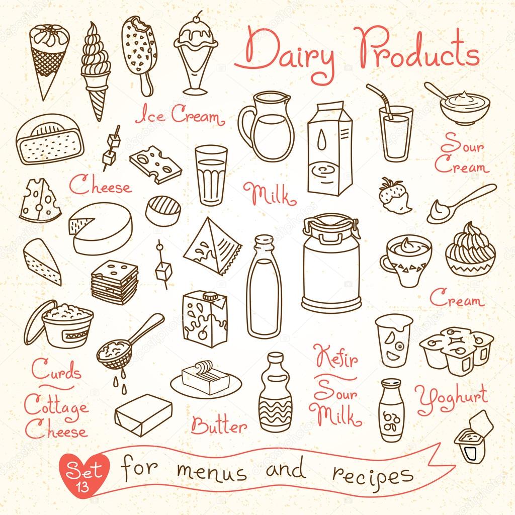 Set drawings of milk and dairy products for design menus, recipes