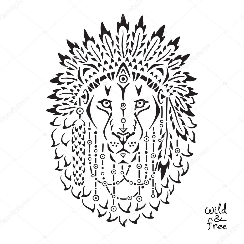 Lion in war bonnet, animal illustration, native american poster, t-shirt design