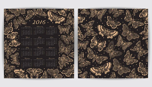 Kalender 2016 jaar en naadloze patroon met decoratieve vlinders — Stockvector