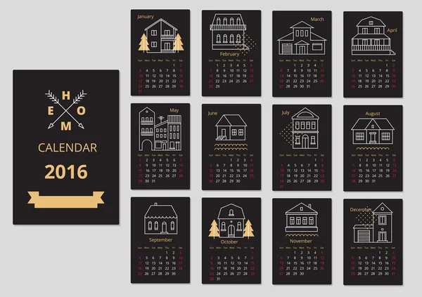 Europese agendaraster voor 2016 jaar met abstracte huizen. — Stockvector