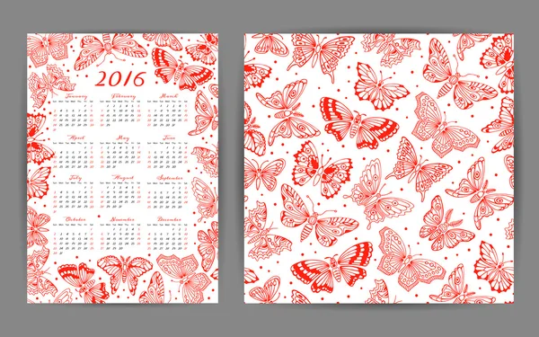 Kalender 2016 jaar en naadloze patroon met decoratieve vlinders — Stockvector