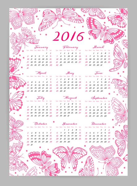 2016 kalenderjaar met decoratieve vlinders. Vector ontwerpsjabloon — Stockvector