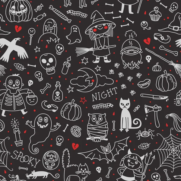 Modèle sans couture Halloween. Citrouille, fantômes, chats, crânes, chauves-souris et autres symboles — Image vectorielle