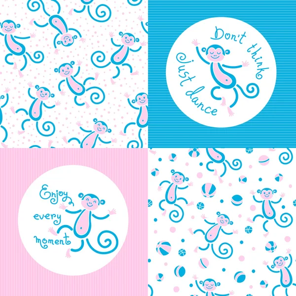 Seamless patterns and cards with monkeys in vector. — Stock Vector