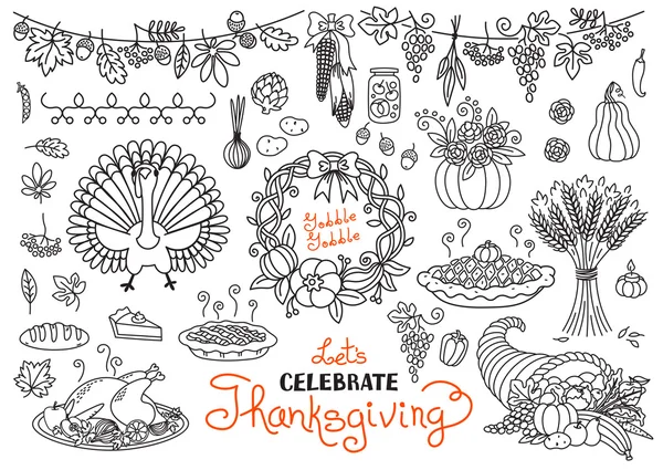 Laten we vieren Thanksgiving Day doodles set. Traditionele symbolen - thanksgiving kalkoen, pompoen pie, maïs, cornucopia, tarwe. FreeHand vector tekeningen collectie geïsoleerd — Stockvector