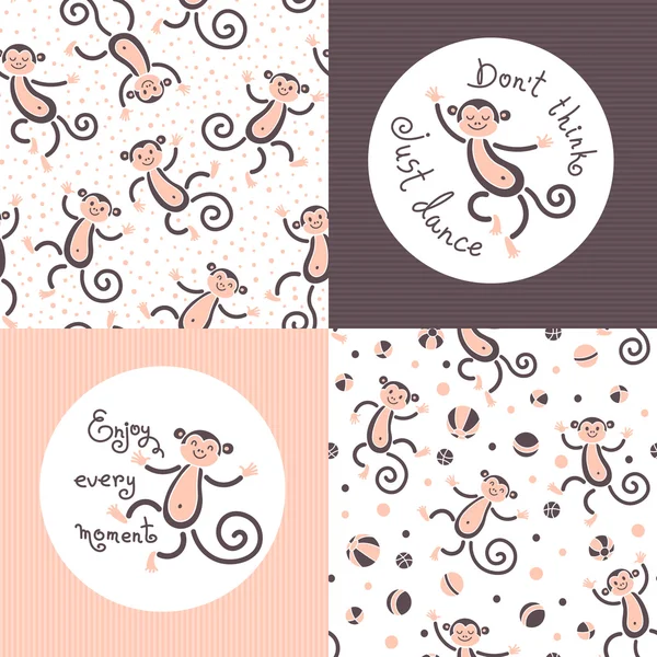 Seamless patterns and cards with monkeys in vector. — Stock Vector