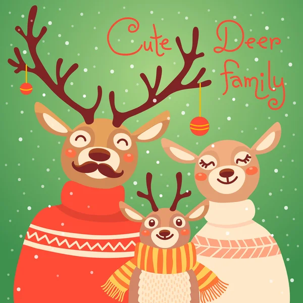 Christmas reindeer family. Cute card with deer is dressed in sweaters and scarf. — Stock Vector